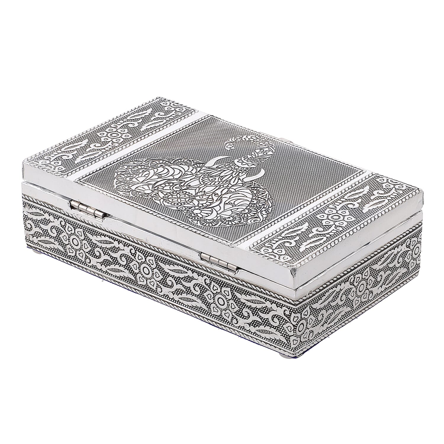 Set of 3 - Elephant Embossed Rectangular Aluminium Oxidized Storage Boxes (Size 16.5x10x4 Inch) - Silver
