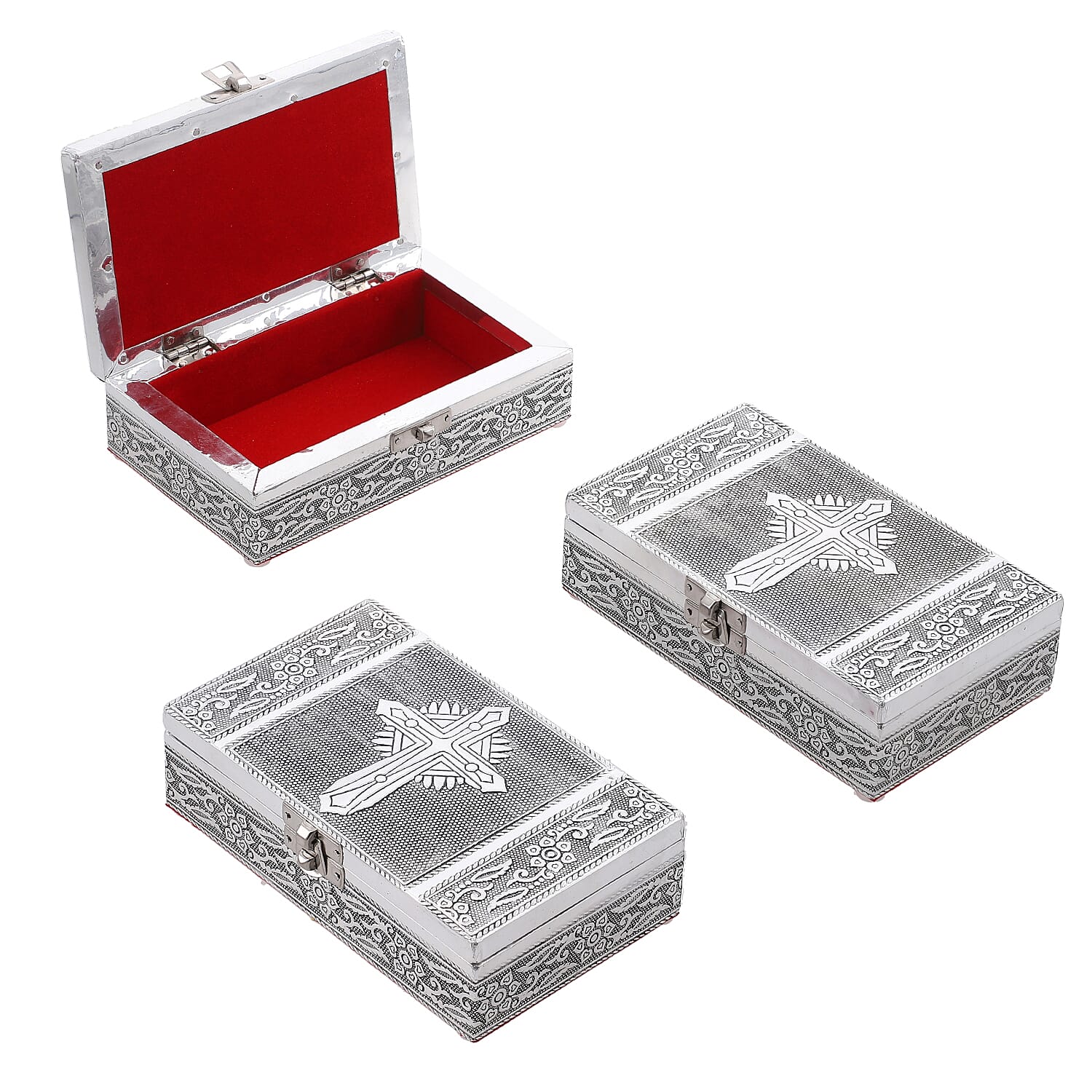 Set of 3 - Cross Embossed Rectangular Aluminium Oxidized Storage Boxes (Size 16.5x10x4 Inch) - Silver