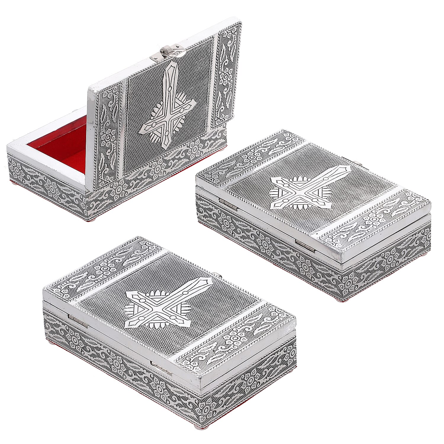 Set of 3 - Cross Embossed Rectangular Aluminium Oxidized Storage Boxes (Size 16.5x10x4 Inch) - Silver