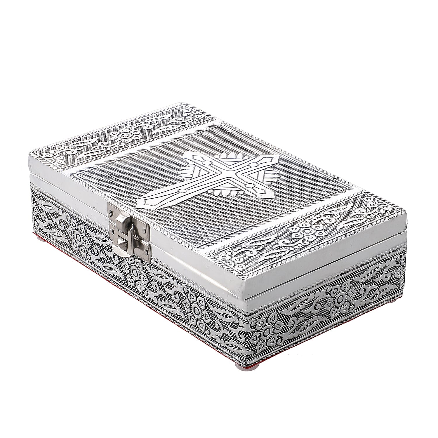 Set of 3 - Cross Embossed Rectangular Aluminium Oxidized Storage Boxes (Size 16.5x10x4 Inch) - Silver