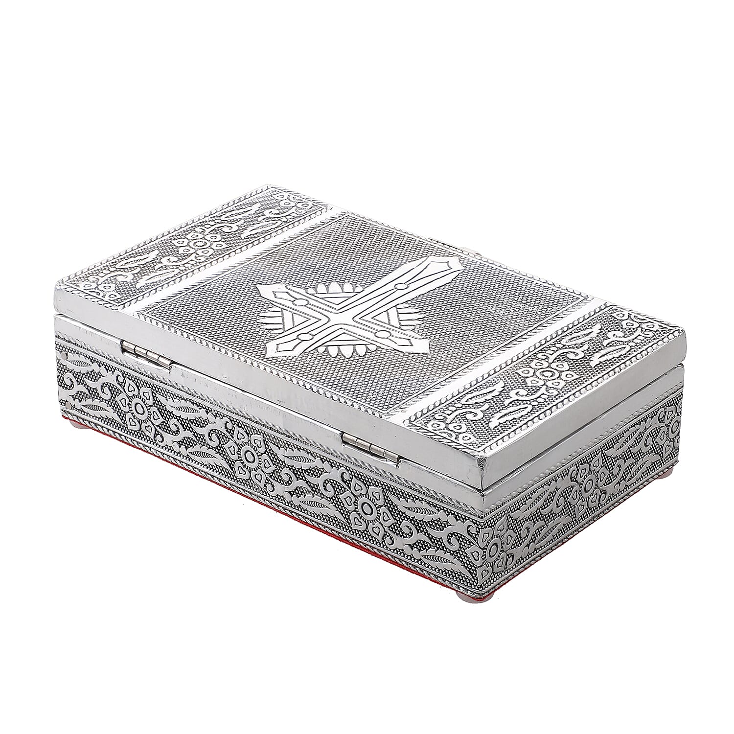 Set of 3 - Cross Embossed Rectangular Aluminium Oxidized Storage Boxes (Size 16.5x10x4 Inch) - Silver