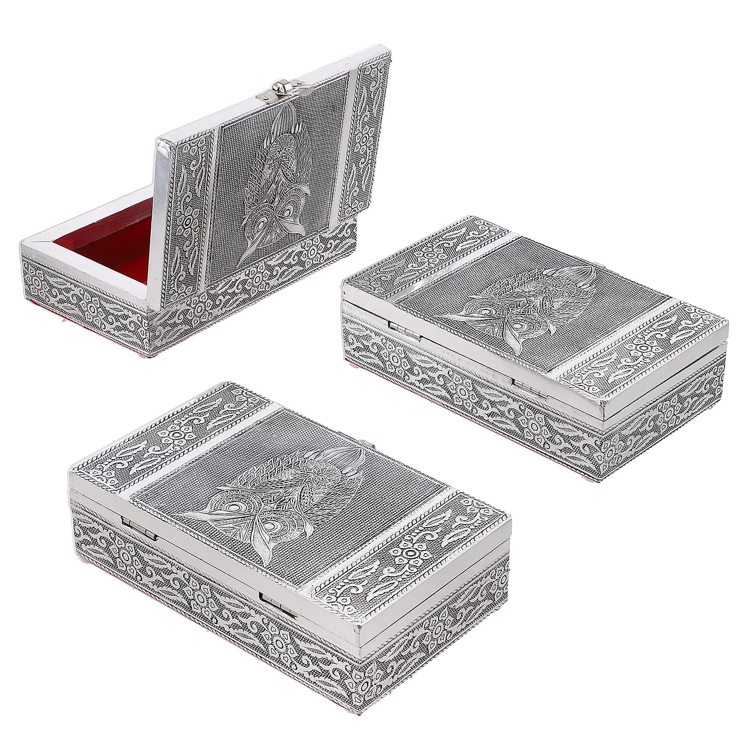 Set of 3 - Owl Embossed Rectangular Aluminium Oxidized Storage Boxes (Size 16.5x10x4 Inch) - Silver