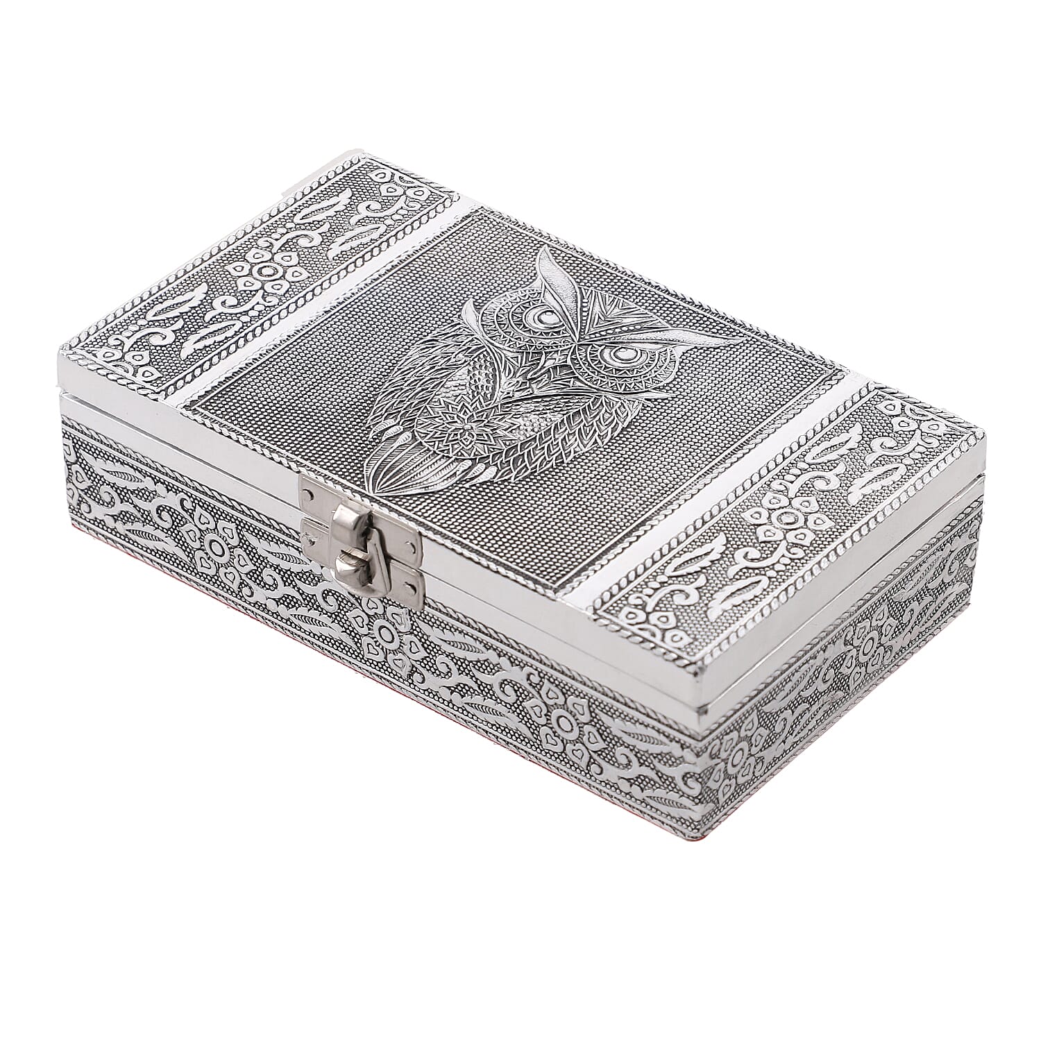 Set of 3 - Owl Embossed Rectangular Aluminium Oxidized Storage Boxes (Size 16.5x10x4 Inch) - Silver