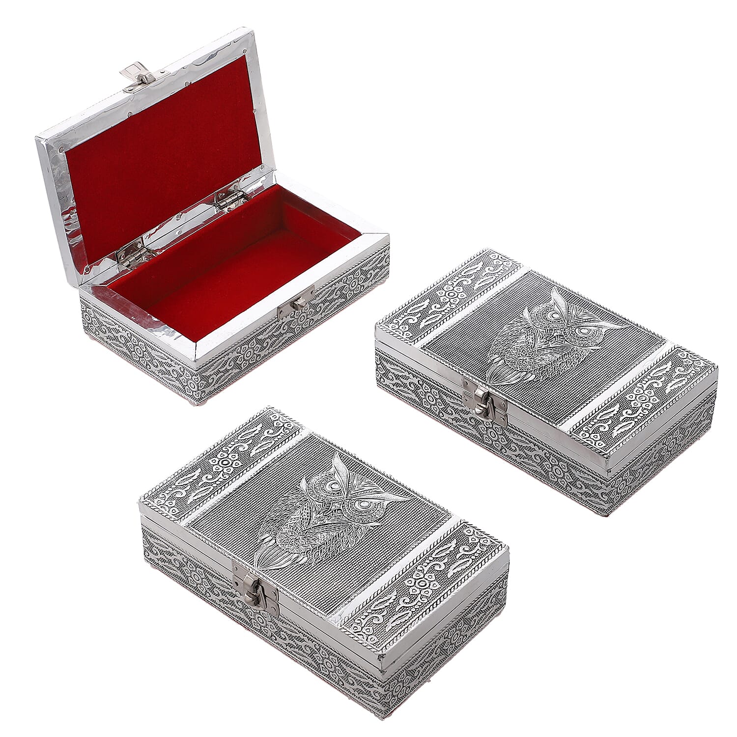 Set of 3 - Owl Embossed Rectangular Aluminium Oxidized Storage Boxes (Size 16.5x10x4 Inch) - Silver