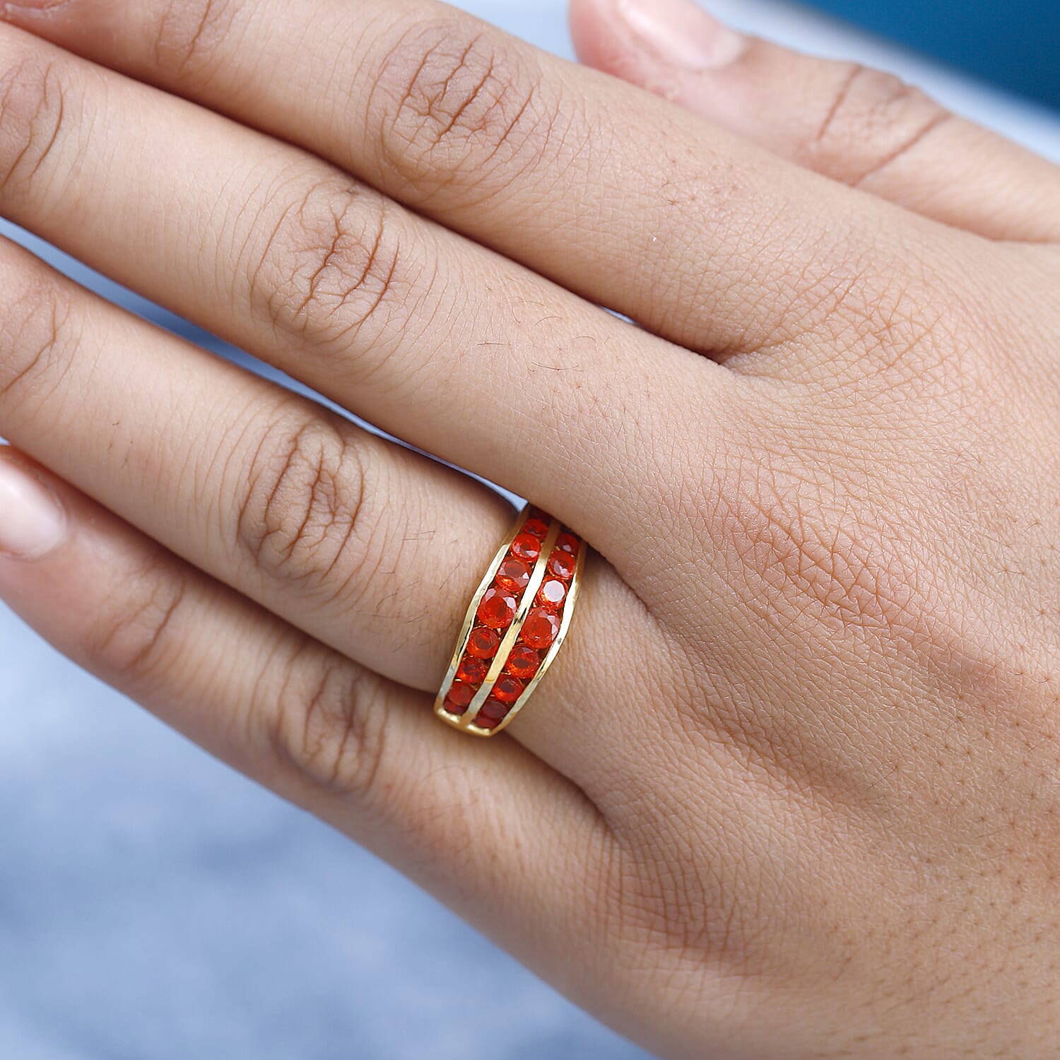 Salamanca Fire Opal Half-Eternity Ring in 18K Gold Yellow Sterling Silver 1.28 Ct.