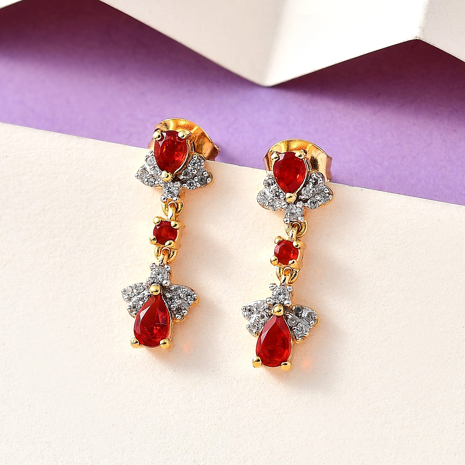 Salamanca Fire Opal & Natural Zircon Firefly Duet Earrings in 18K Vermeil Gold Plated Sterling Silver