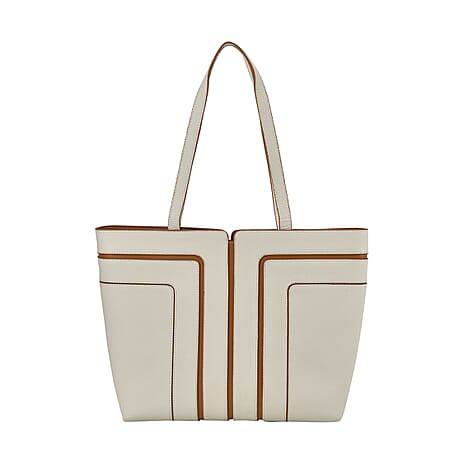 Genuine Leather Tote Bag with Handle Drop - Off-White & Brown