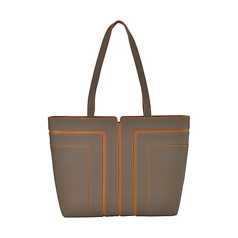 Genuine Leather Tote Bag with Handle Drop -  Grey - Brown