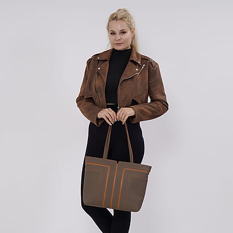 Genuine Leather Tote Bag with Handle Drop -  Grey - Brown