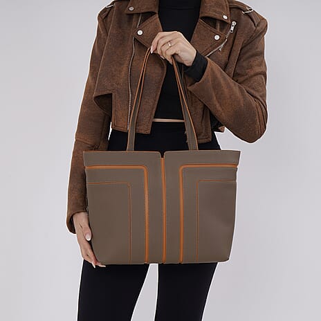 Genuine Leather Tote Bag with Handle Drop -  Grey - Brown