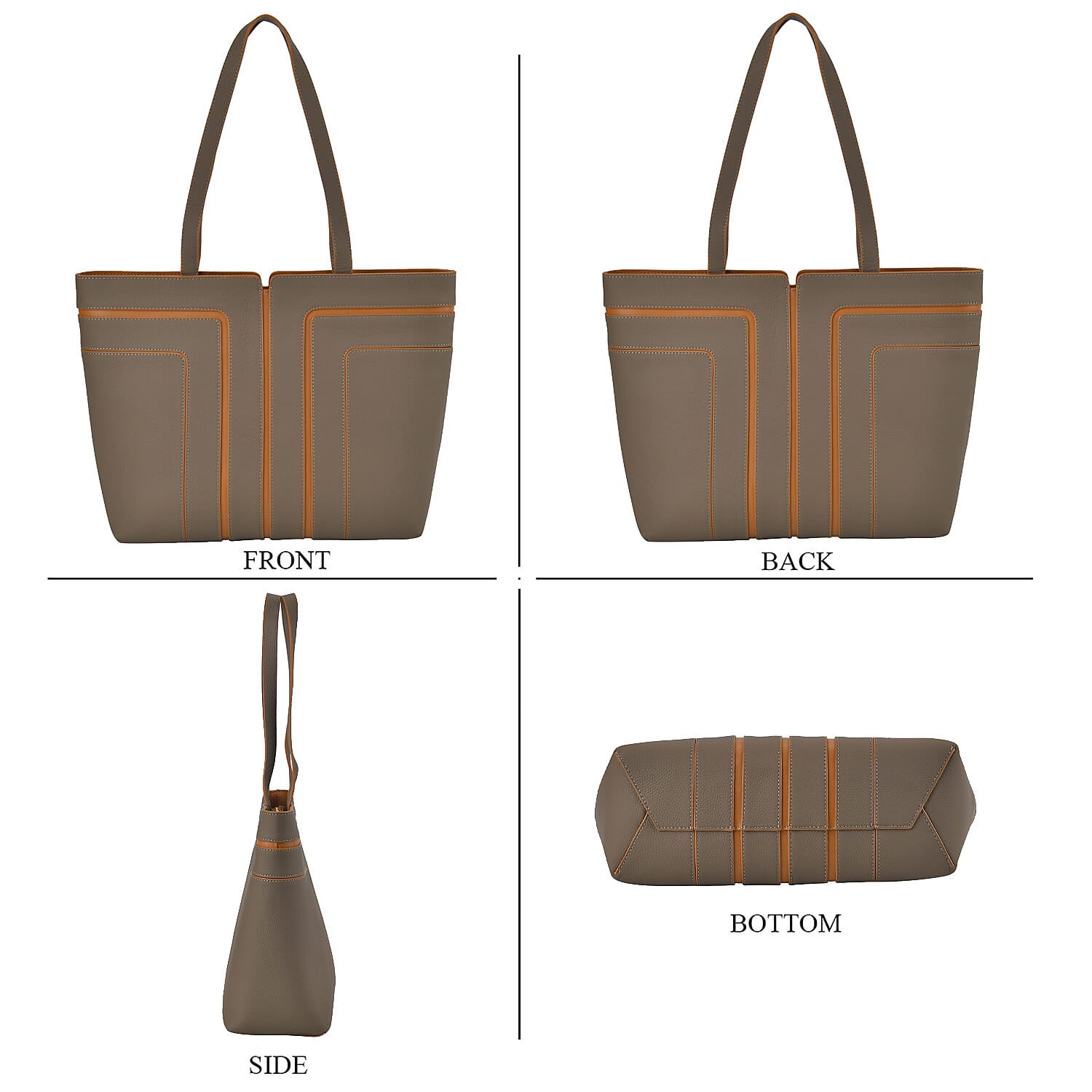Genuine Leather Tote Bag with Handle Drop - Grey & Brown