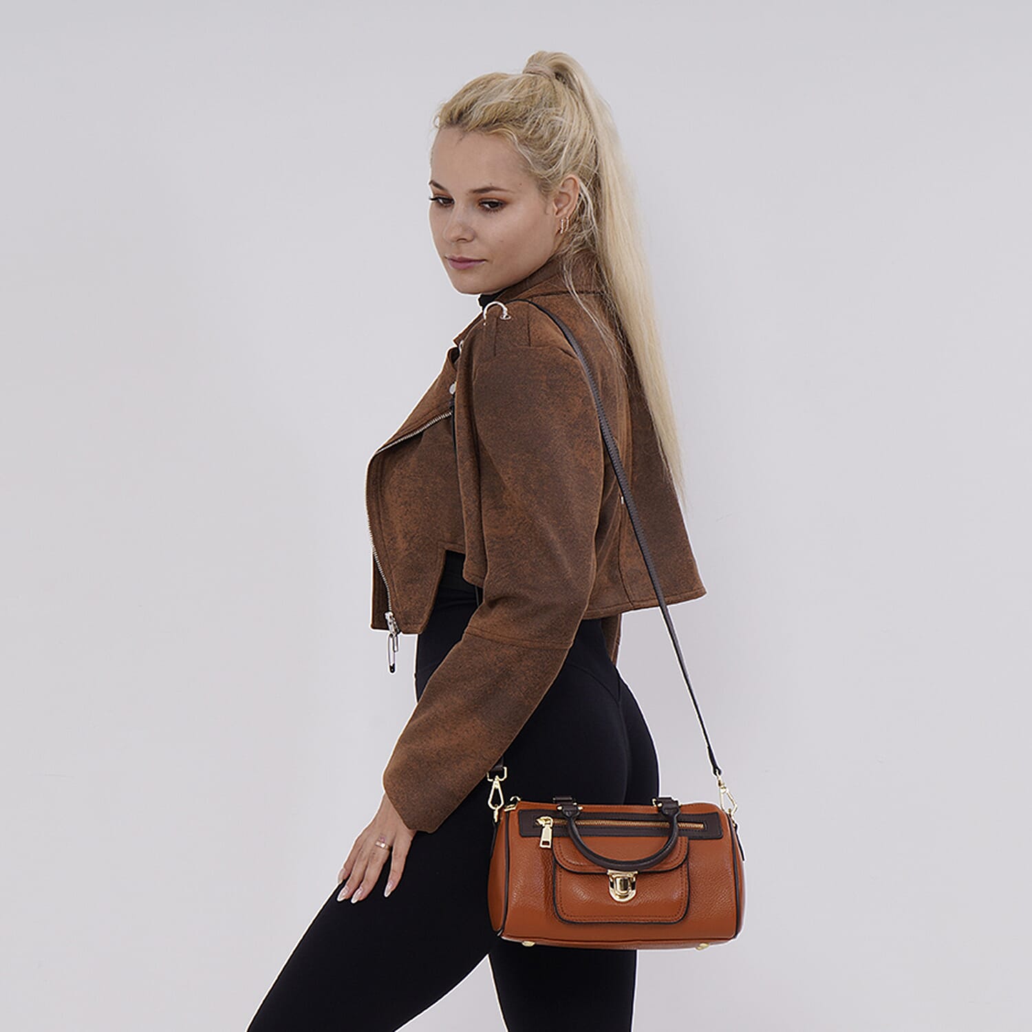 Designer Inspired 100% Genuine Leather Crossbody Duffle Bag - Brown