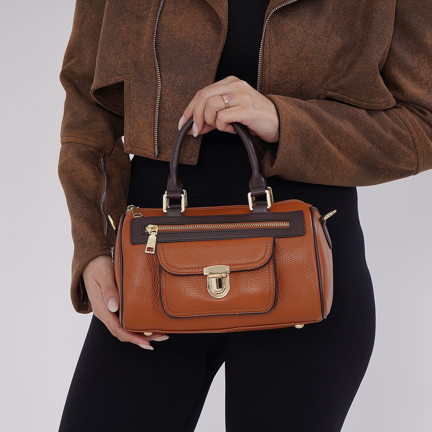Designer Inspired 100% Genuine Leather Crossbody Duffle Bag - Brown