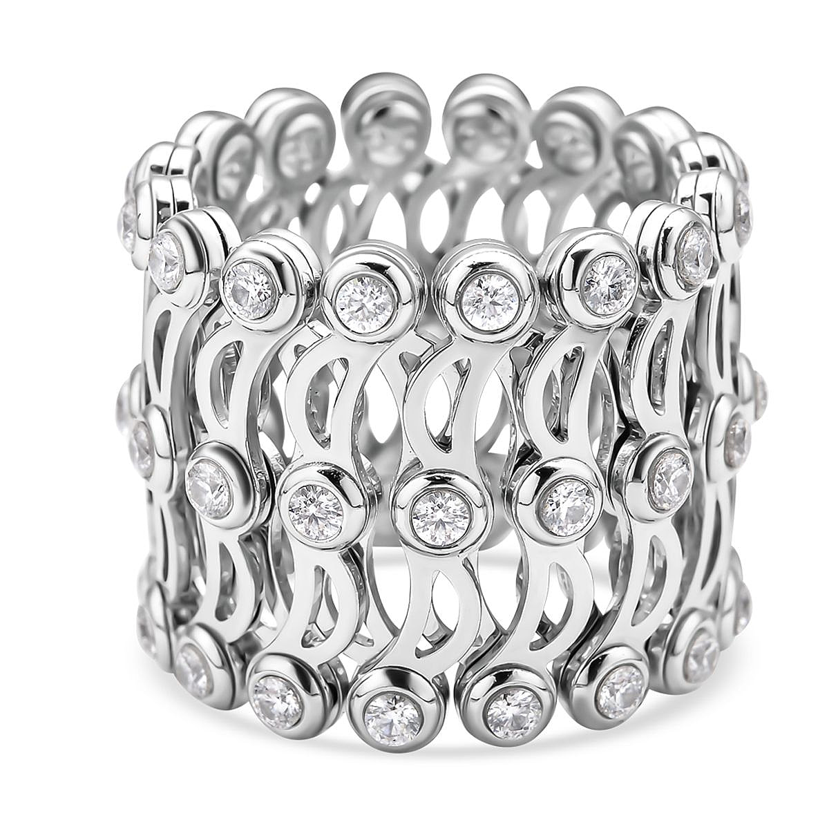 Concertina 2 in 1 Moissanite Adjustable Ring (L to Z) & Bangle (up to 7.5) in Rhodium Overlay Sterling Silver