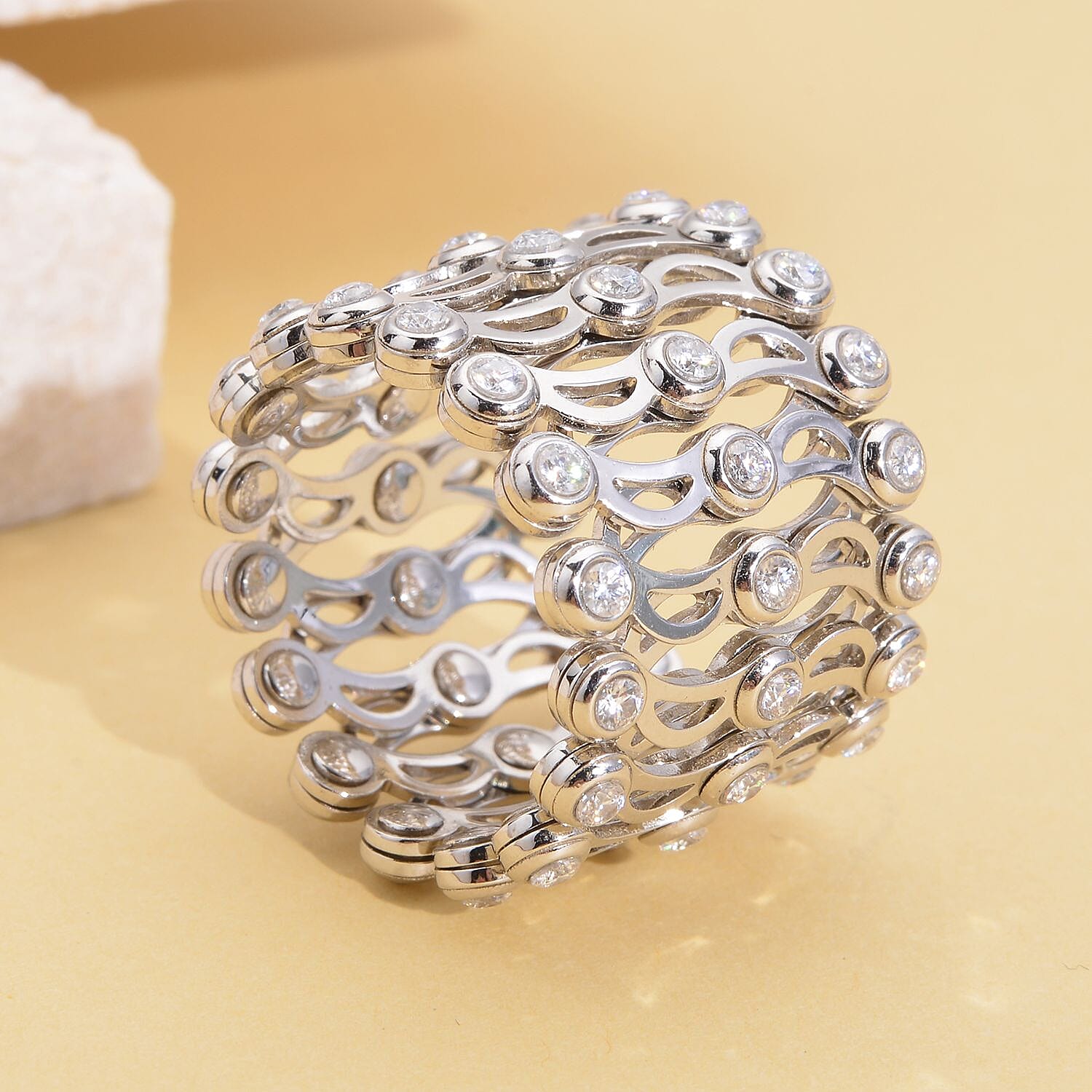 Concertina 2 in 1 Moissanite Adjustable Ring (L to Z) & Bangle (up to 7.5) in Rhodium Overlay Sterling Silver