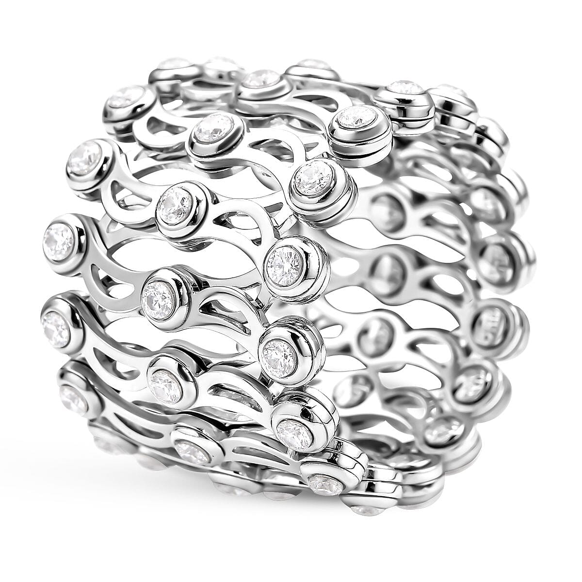 Concertina 2 in 1 Moissanite Adjustable Ring (L to Z) & Bangle (up to 7.5) in Rhodium Overlay Sterling Silver