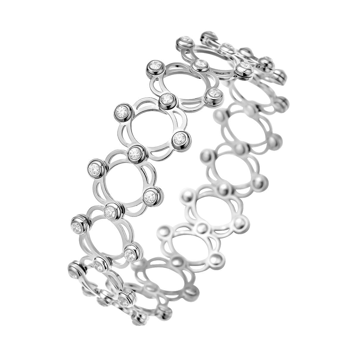 Concertina 2 in 1 Moissanite Adjustable Ring (L to Z) & Bangle (up to 7.5) in Rhodium Overlay Sterling Silver