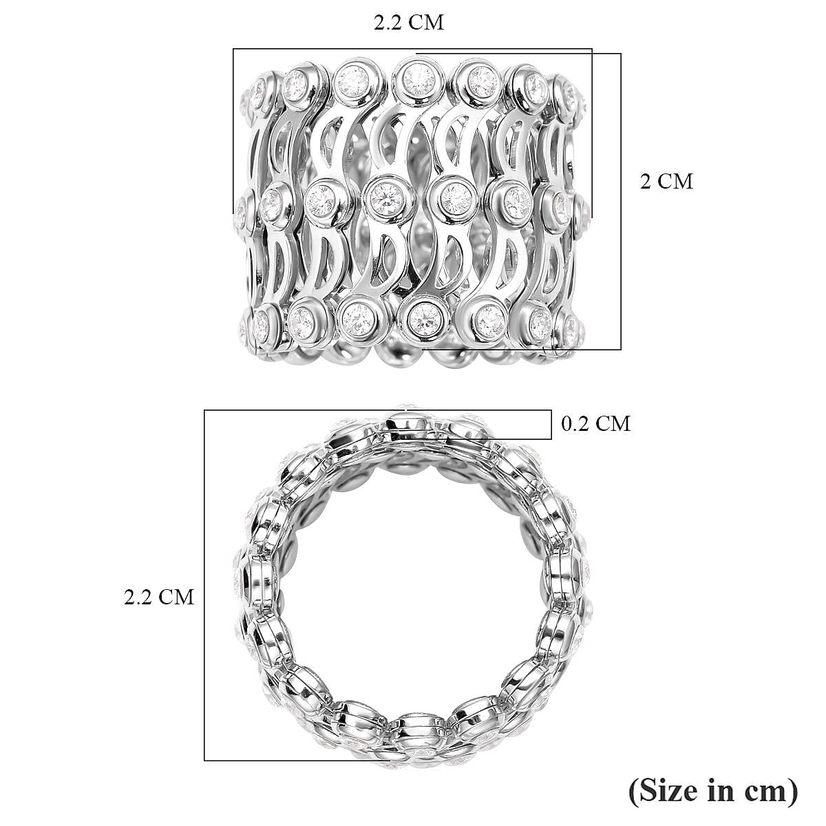 Concertina 2 in 1 Moissanite Adjustable Ring (L to Z) & Bangle (up to 7.5) in Rhodium Overlay Sterling Silver