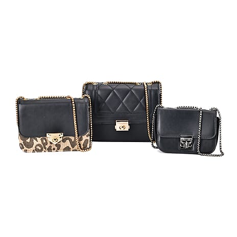 Set of 3 Leatherette Handbag with Long Chain Strap - Black