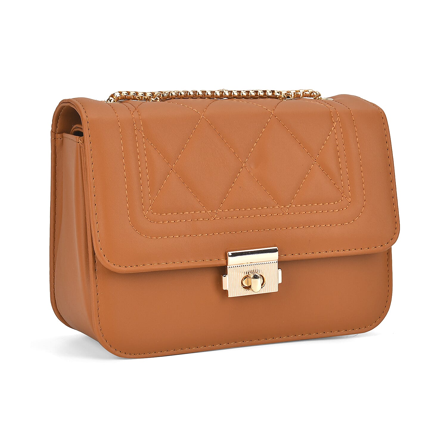 Set of 3 Leatherette Handbag with Long Chain Strap - Brown