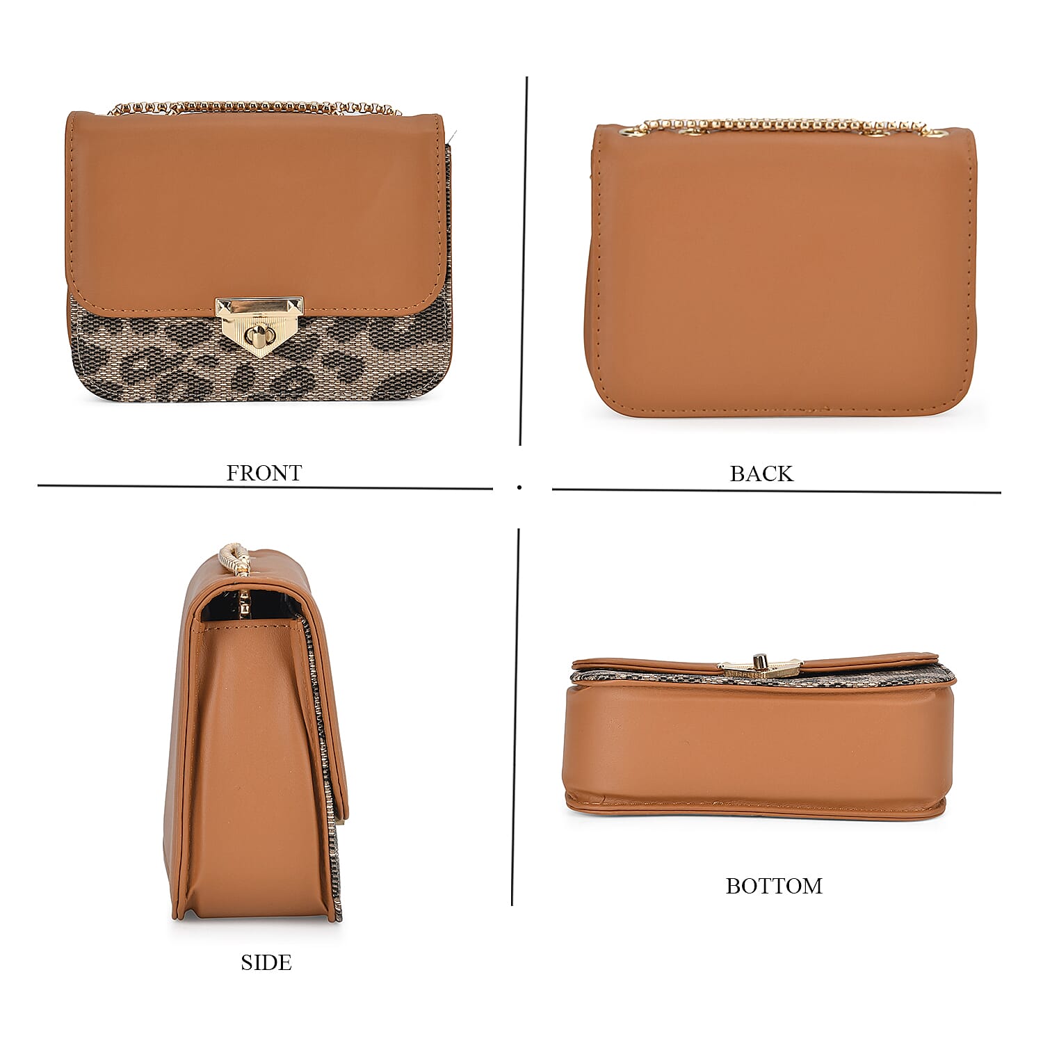 Set of 3 Leatherette Handbag with Long Chain Strap - Brown