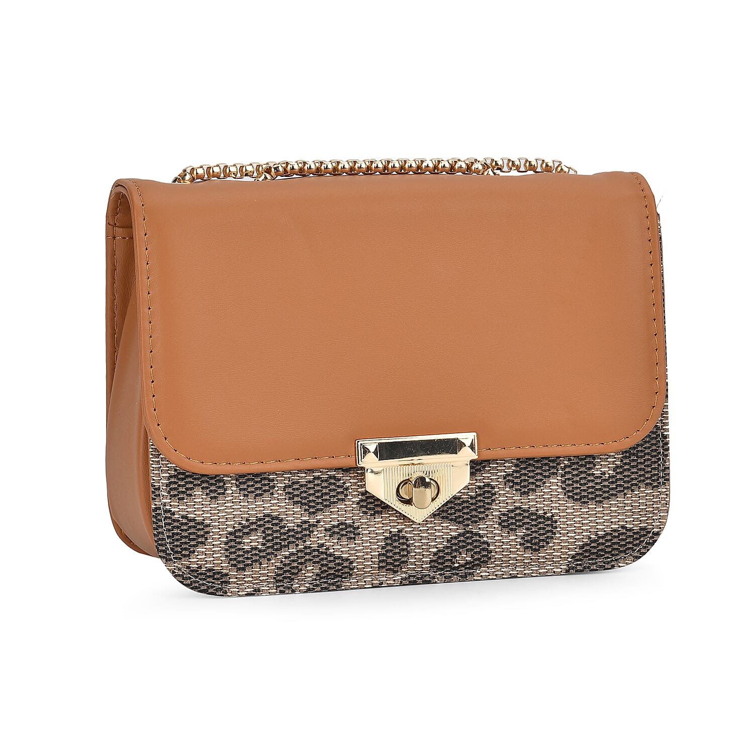 Set of 3 Leatherette Handbag with Long Chain Strap - Brown