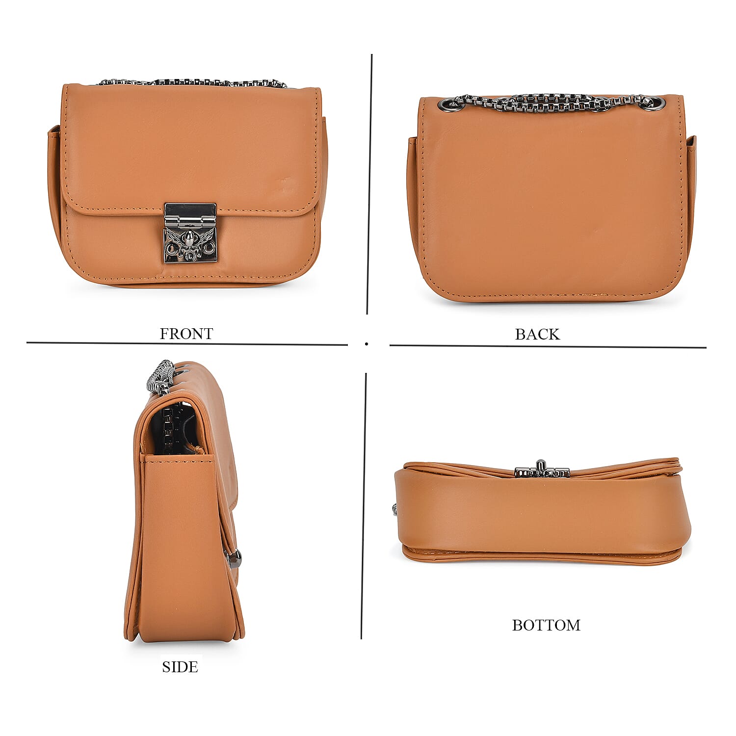 Set of 3 Leatherette Handbag with Long Chain Strap - Brown