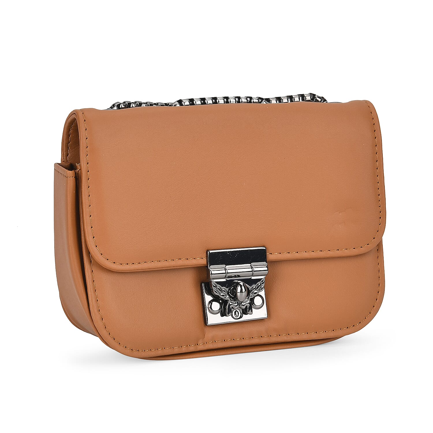 Set of 3 Leatherette Handbag with Long Chain Strap - Brown