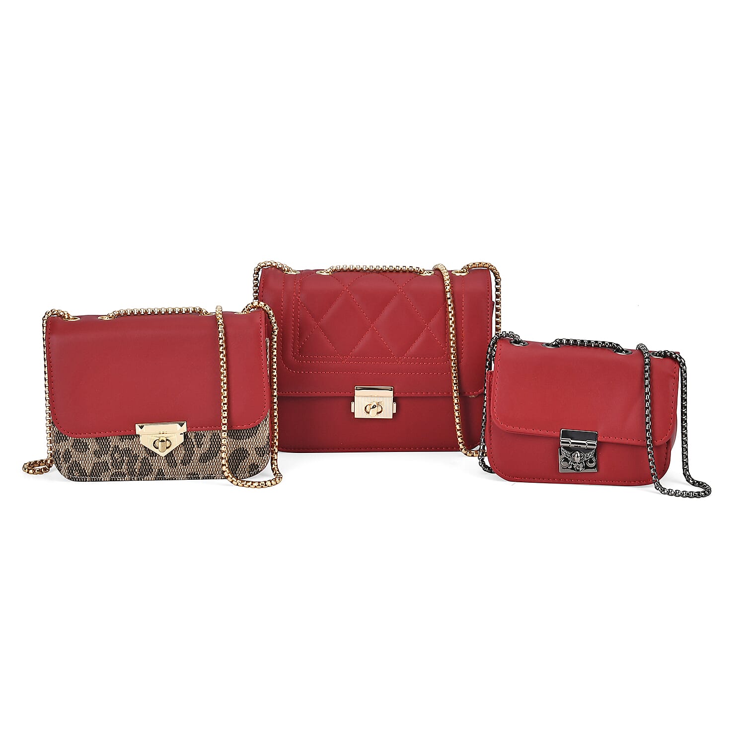 Set of 3 - PU Heart Crossbody Bag - Burgundy