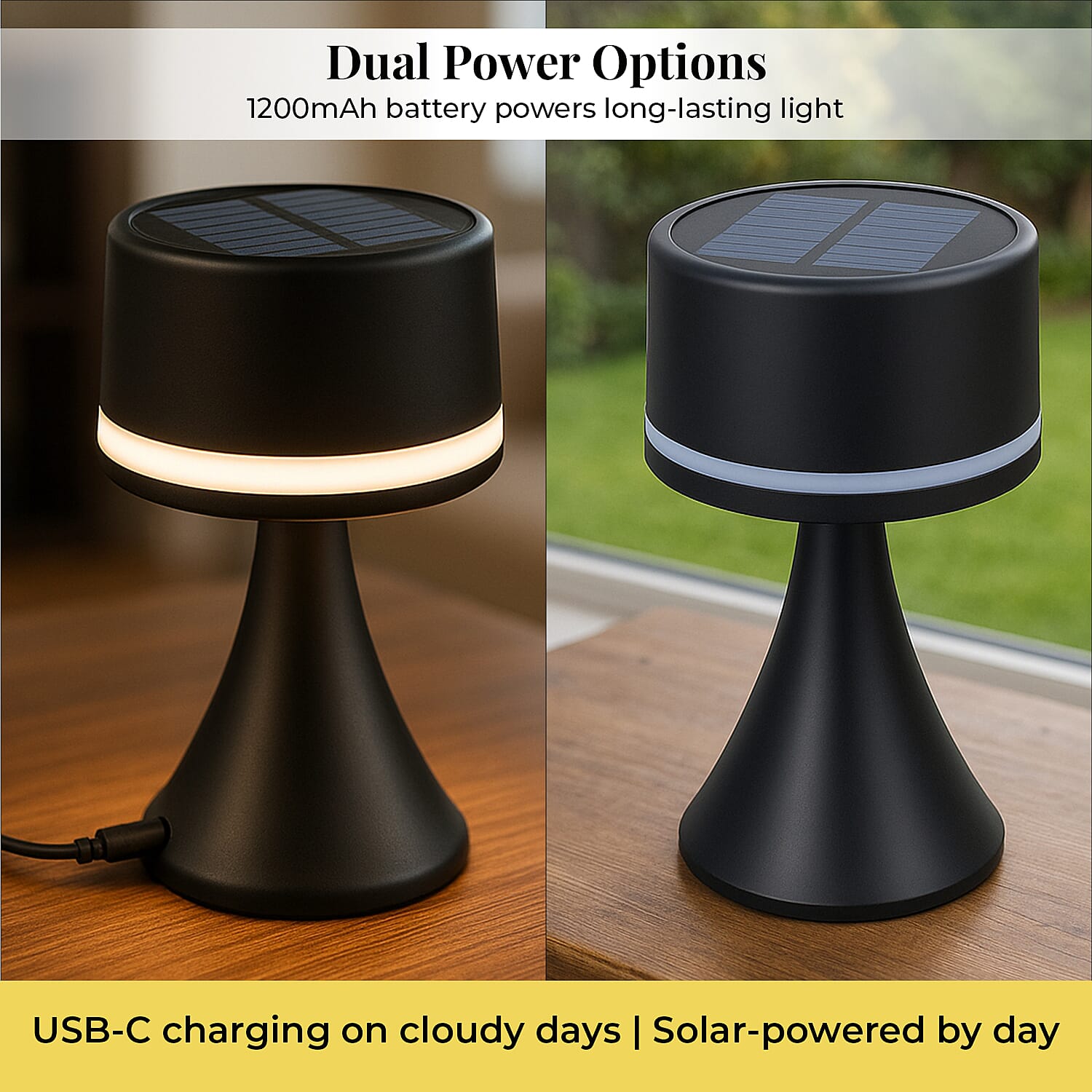 Solar Table Lamp with USB Recharge Function and 1200mah Battery - Black