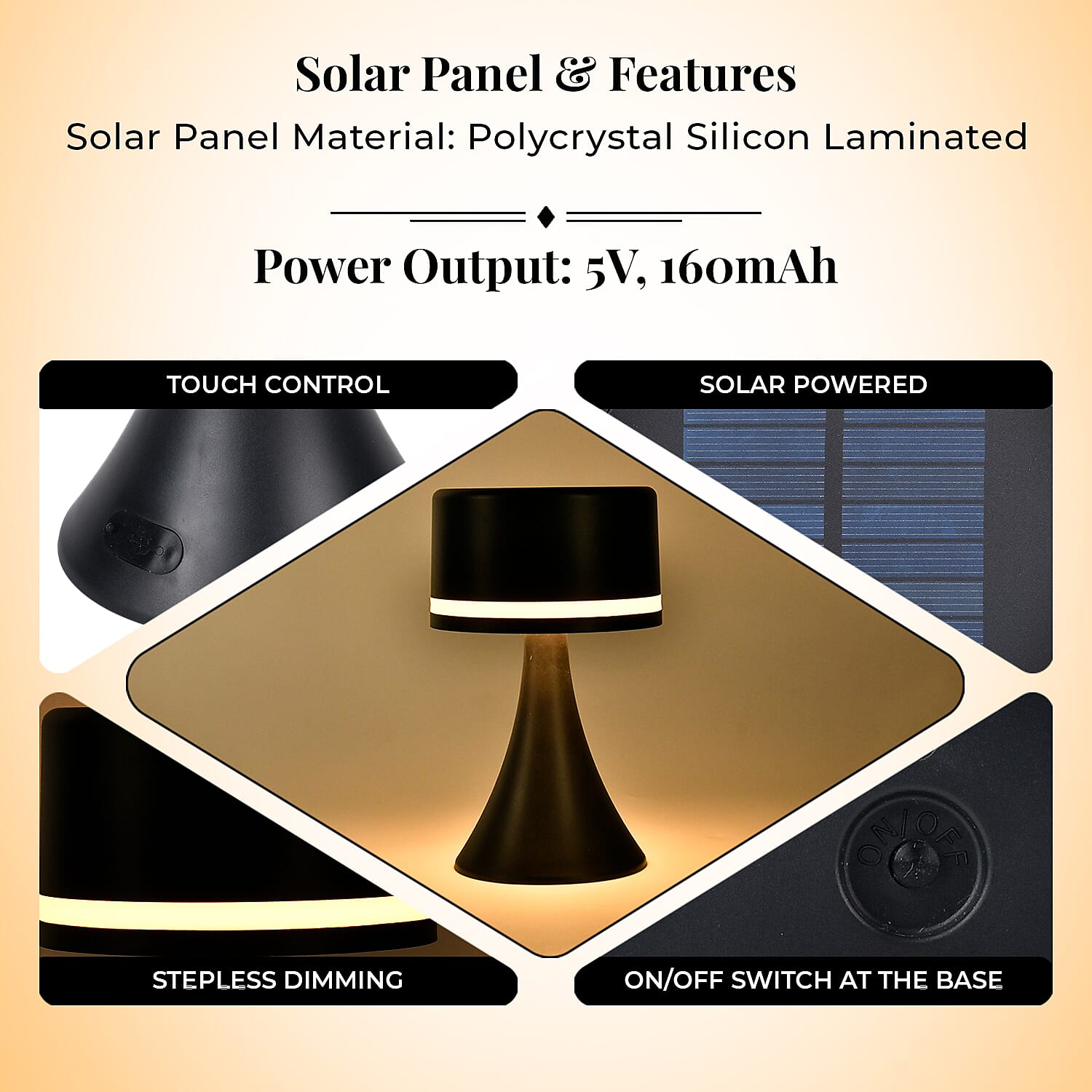 Solar Table Lamp with USB Recharge Function and 1200mah Battery - Black