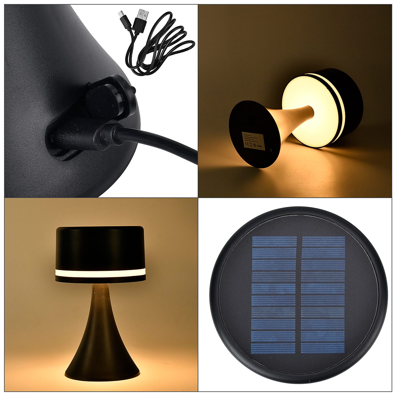 Solar Table Lamp with USB Recharge Function and 1200mah Battery - Black