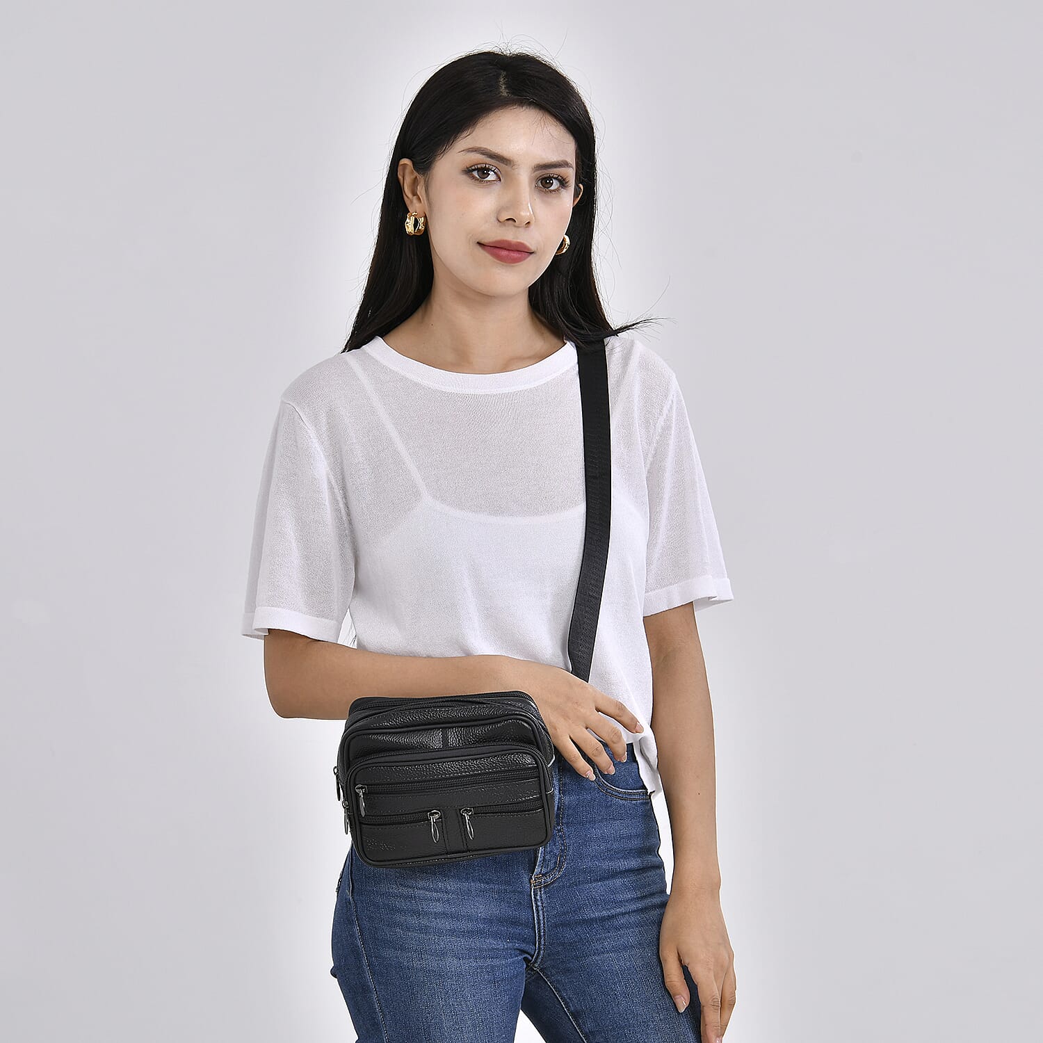 Genuine Leather Weave Waist Bag - Black