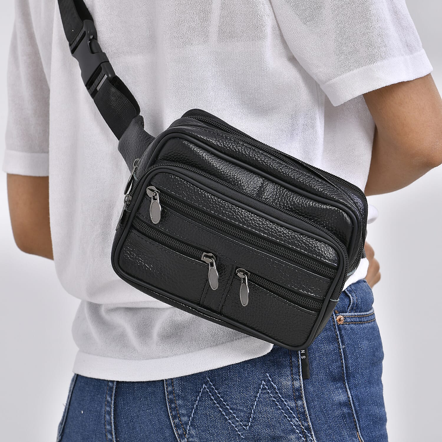Genuine Leather Weave Waist Bag - Black