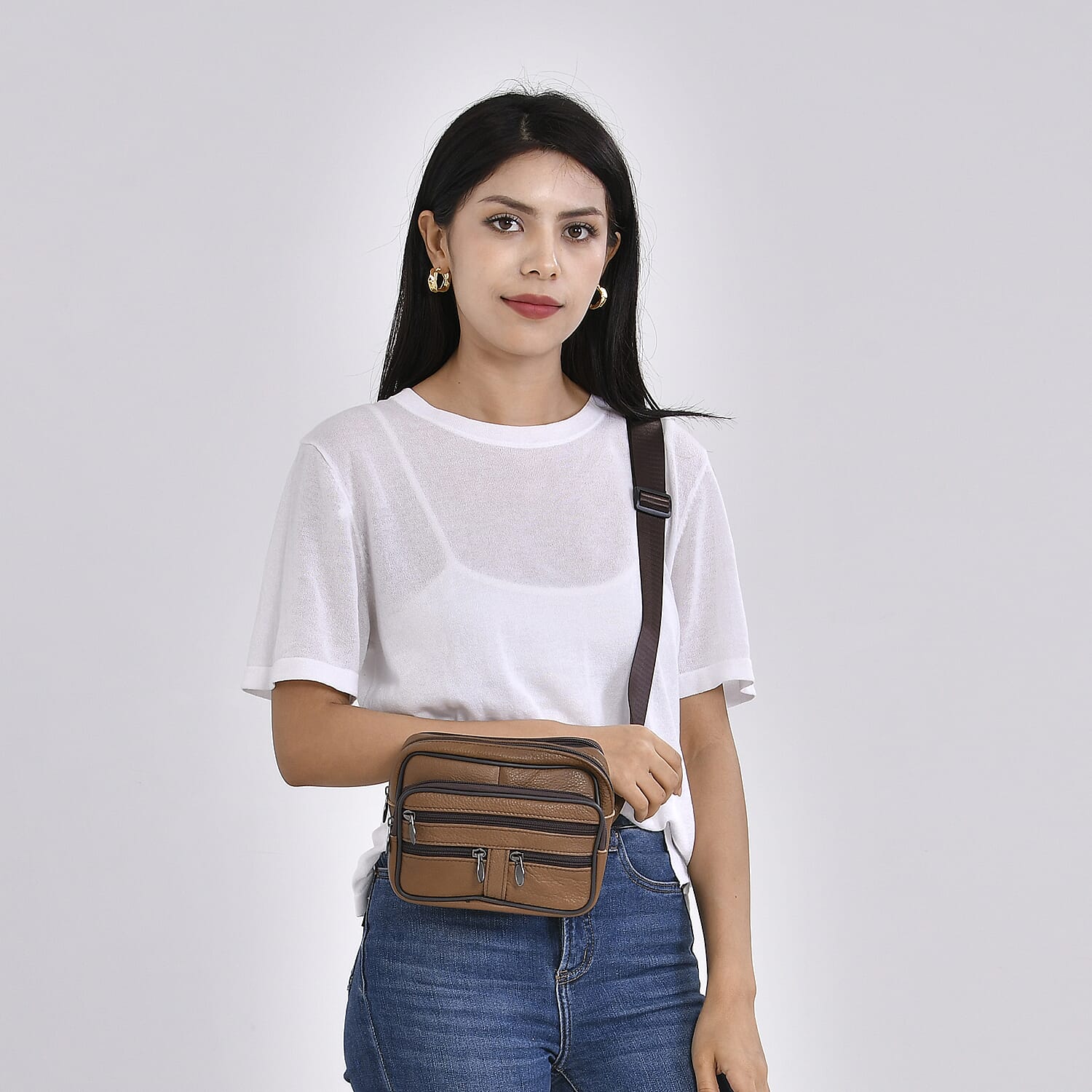 Genuine Leather Weave Waist Bag - Brown