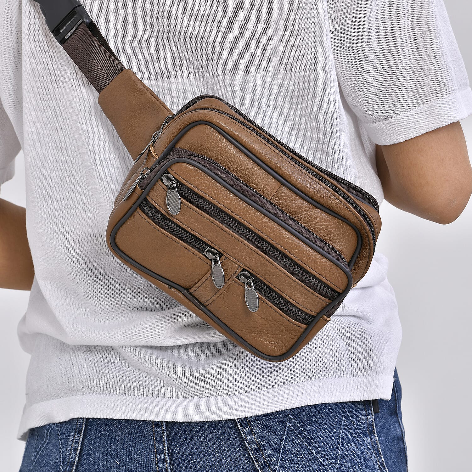 Genuine Leather Weave Waist Bag - Brown