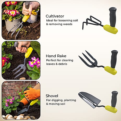 Set of 3 Gardening Tools - Includes a Shovel, Hand Rake, and Cultivator