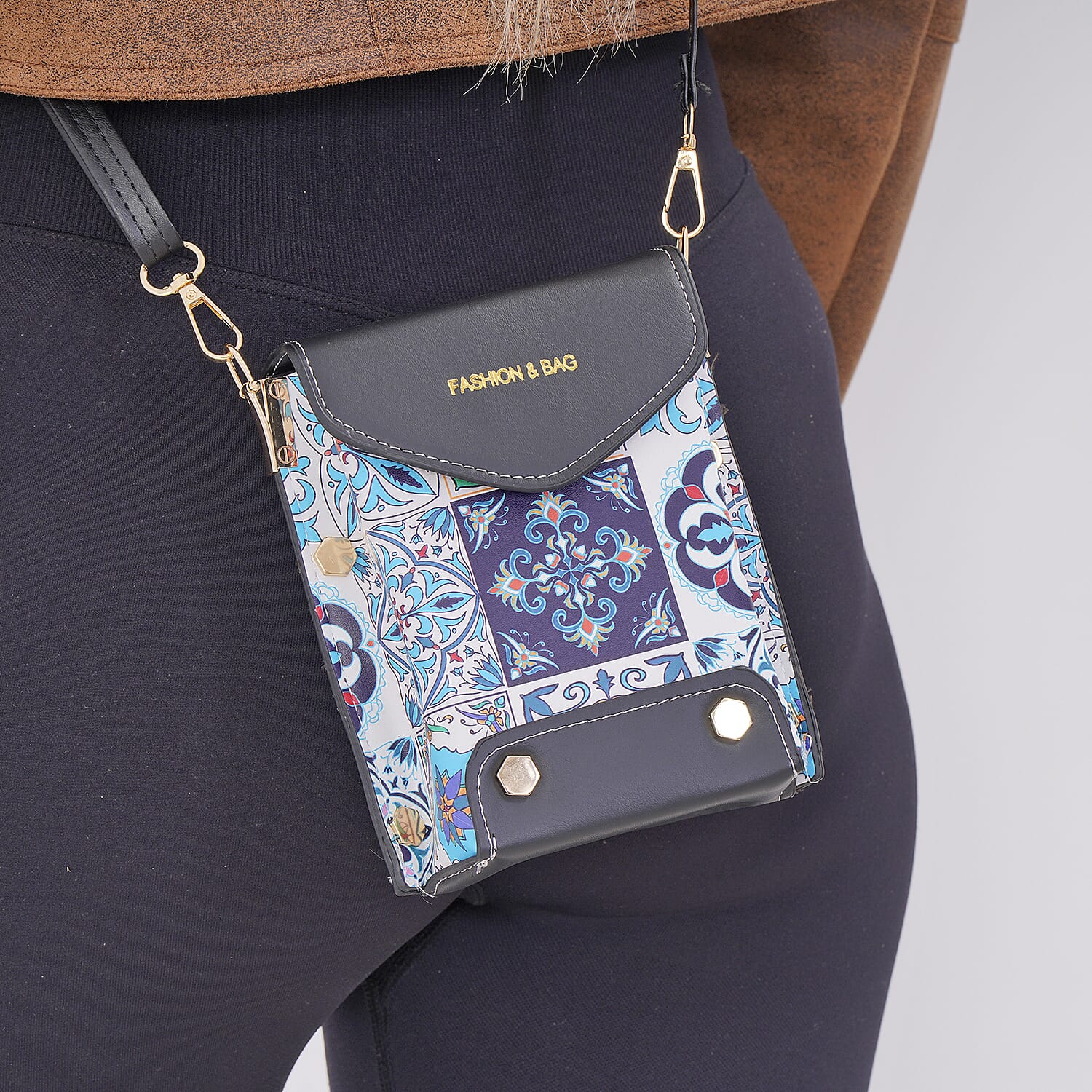  PU Floral Crossbody Bag - White & Blue