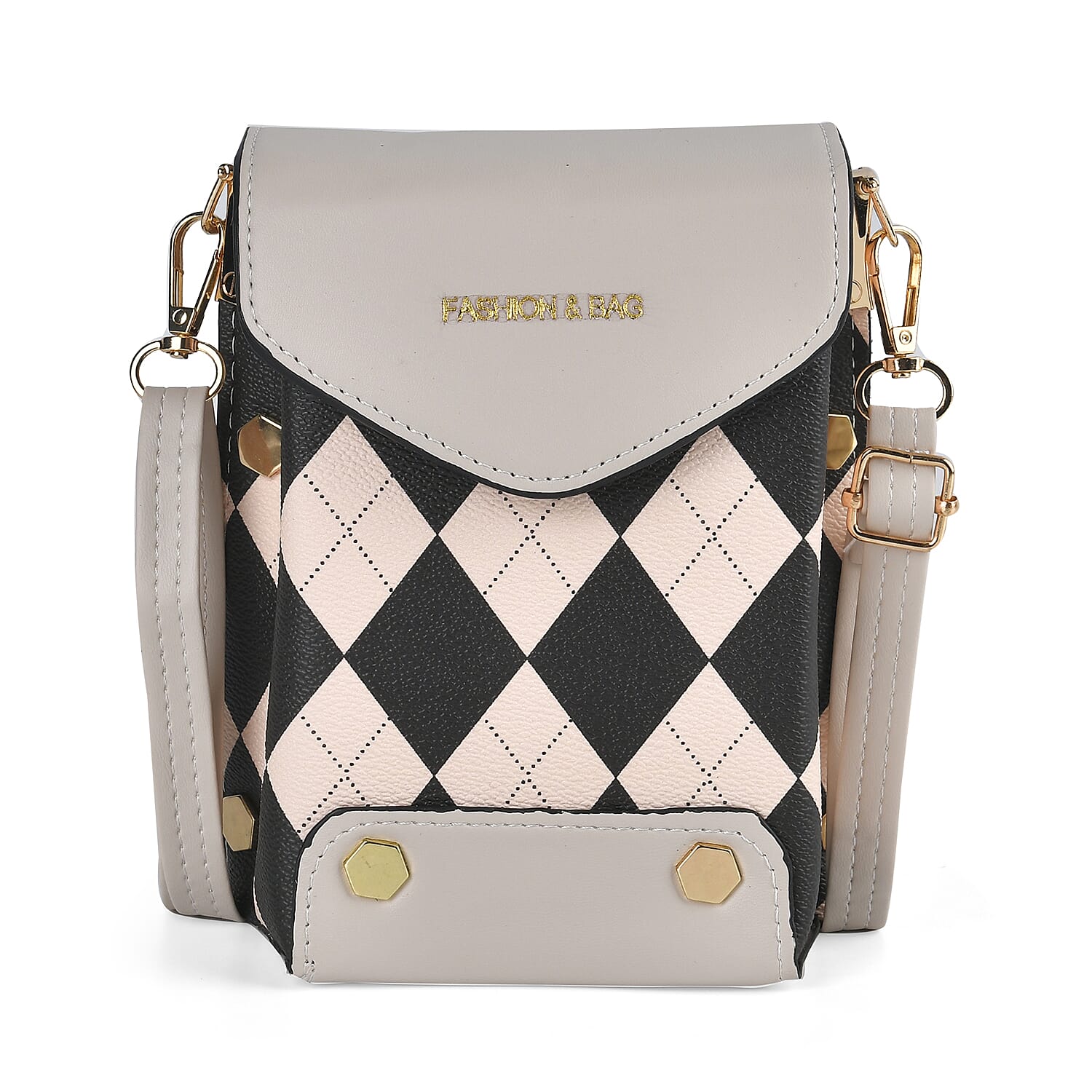 Rhomboid Pattern Embroidered Crossbody Bag - Beige & Black