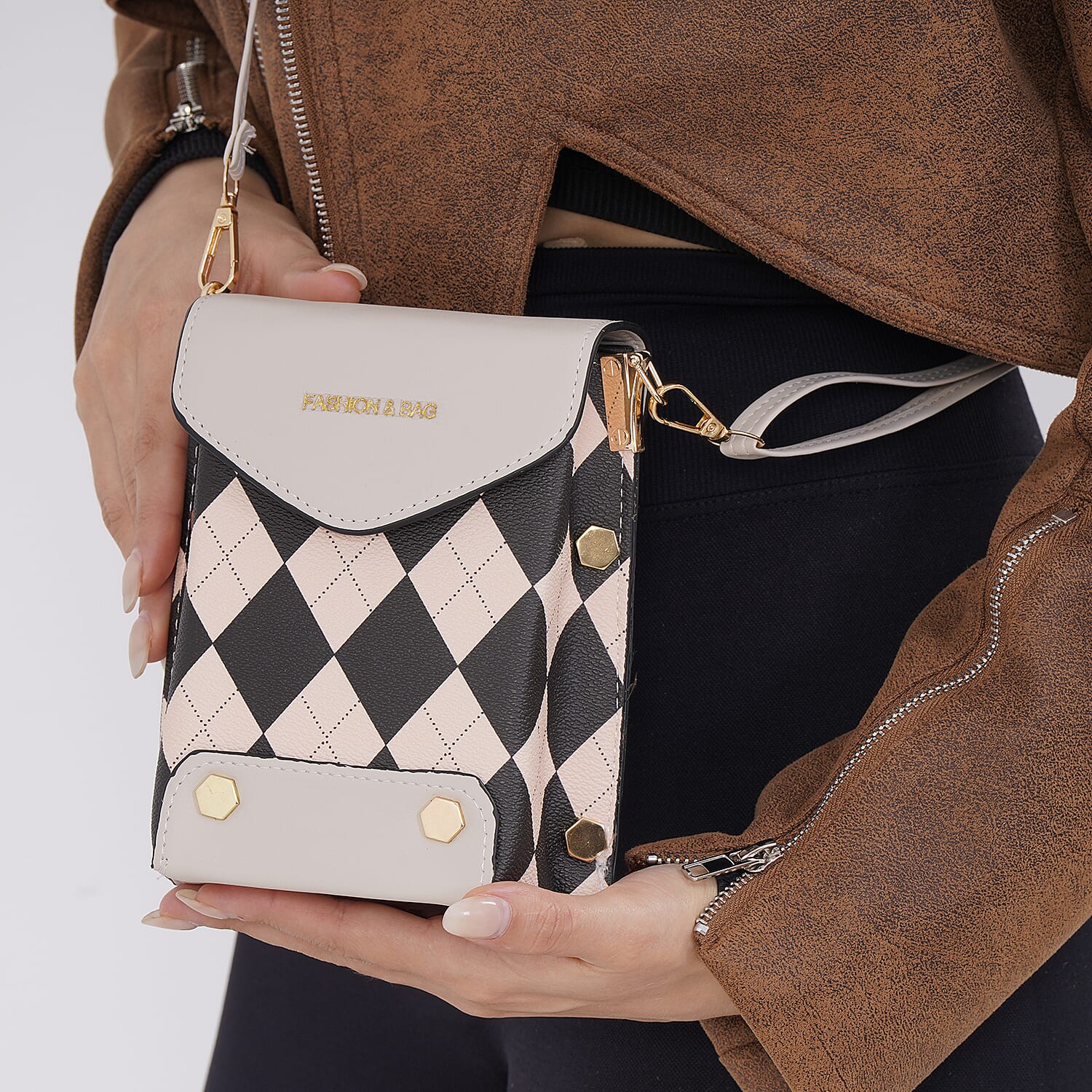 Rhomboid Pattern Embroidered Crossbody Bag - Beige & Black