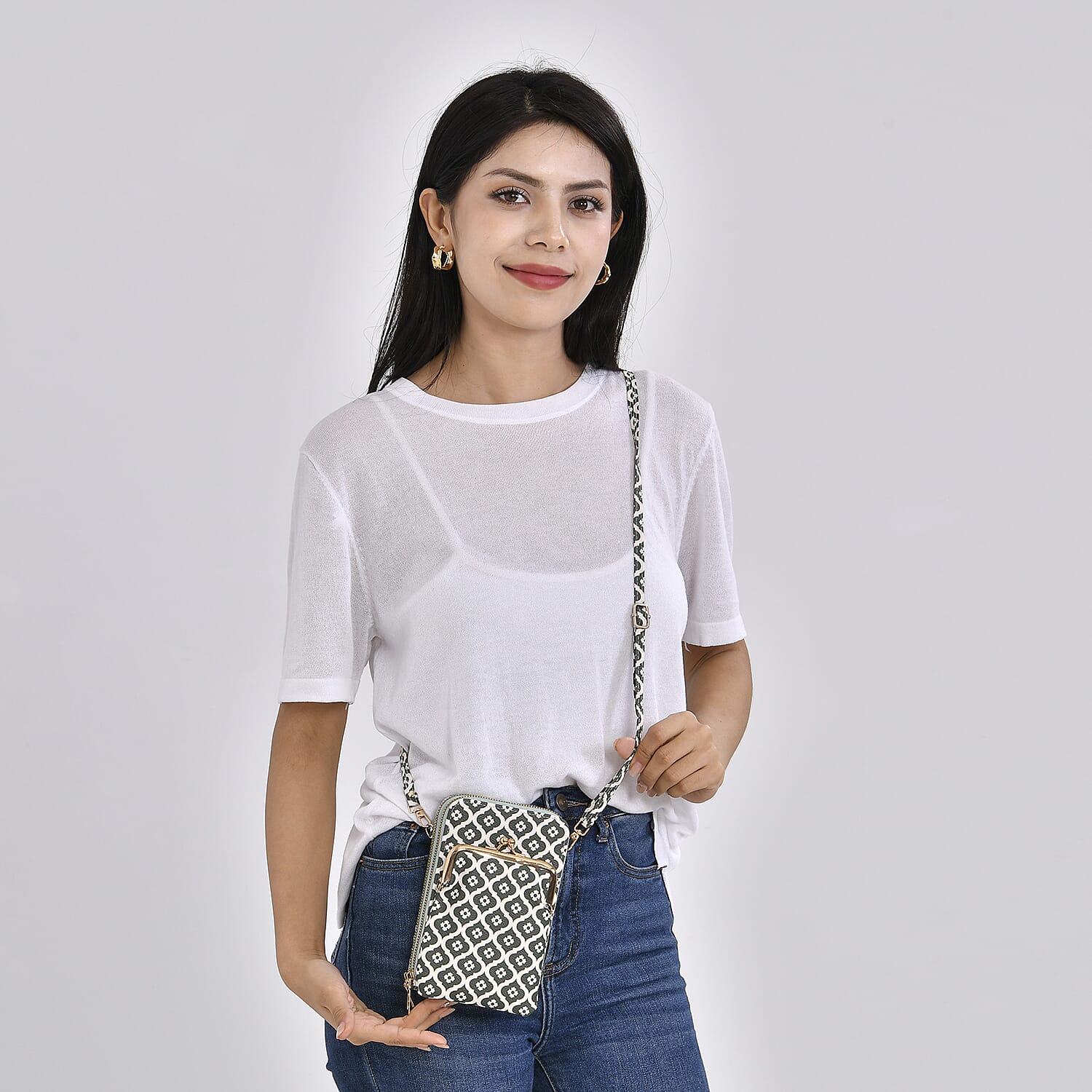 Leatherette Floral Pattern Crossbody Cellphone Bag with Long Strap - Green