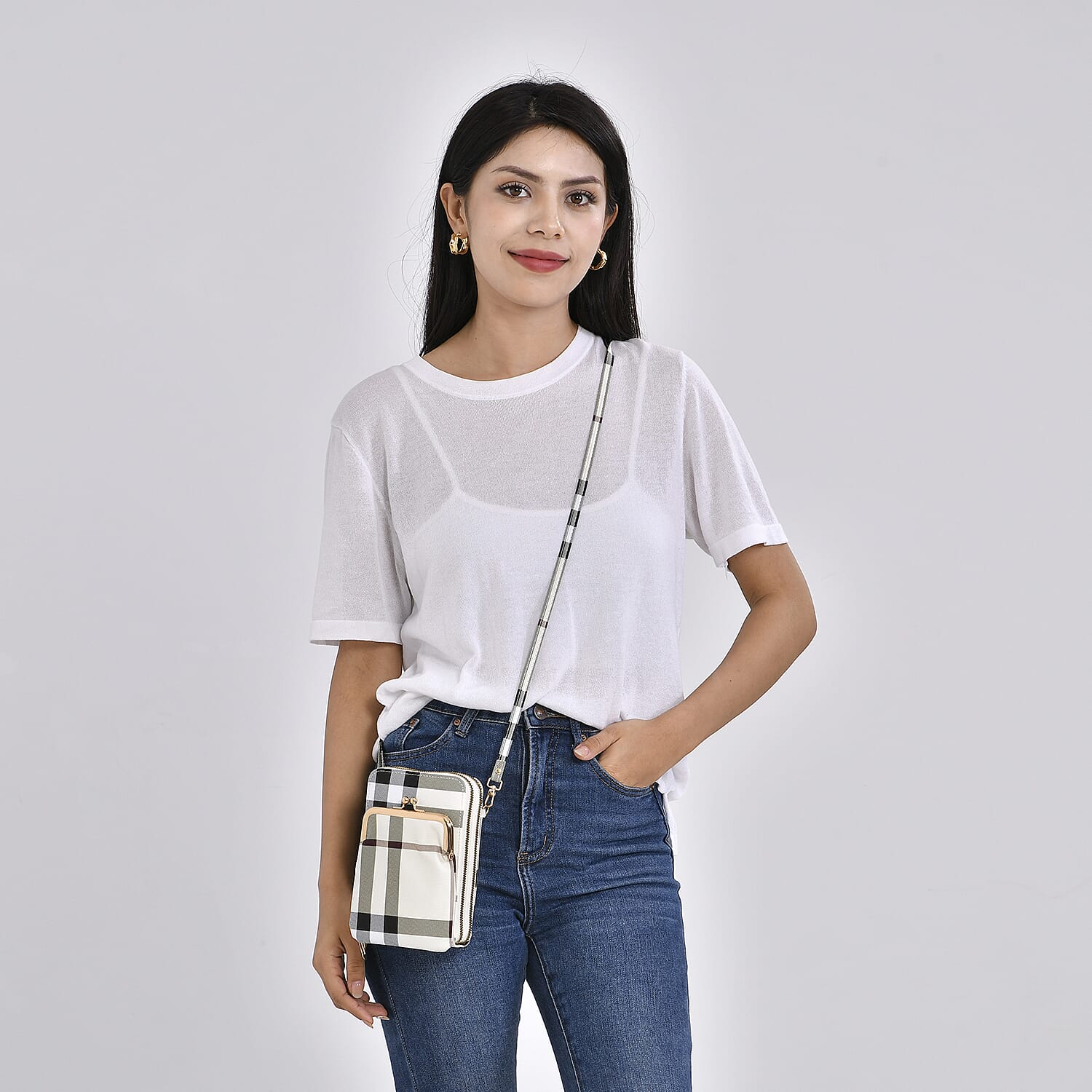 Leatherette Streak Pattern Crossbody Bag with Long Strap (160 cm) - White & Grey