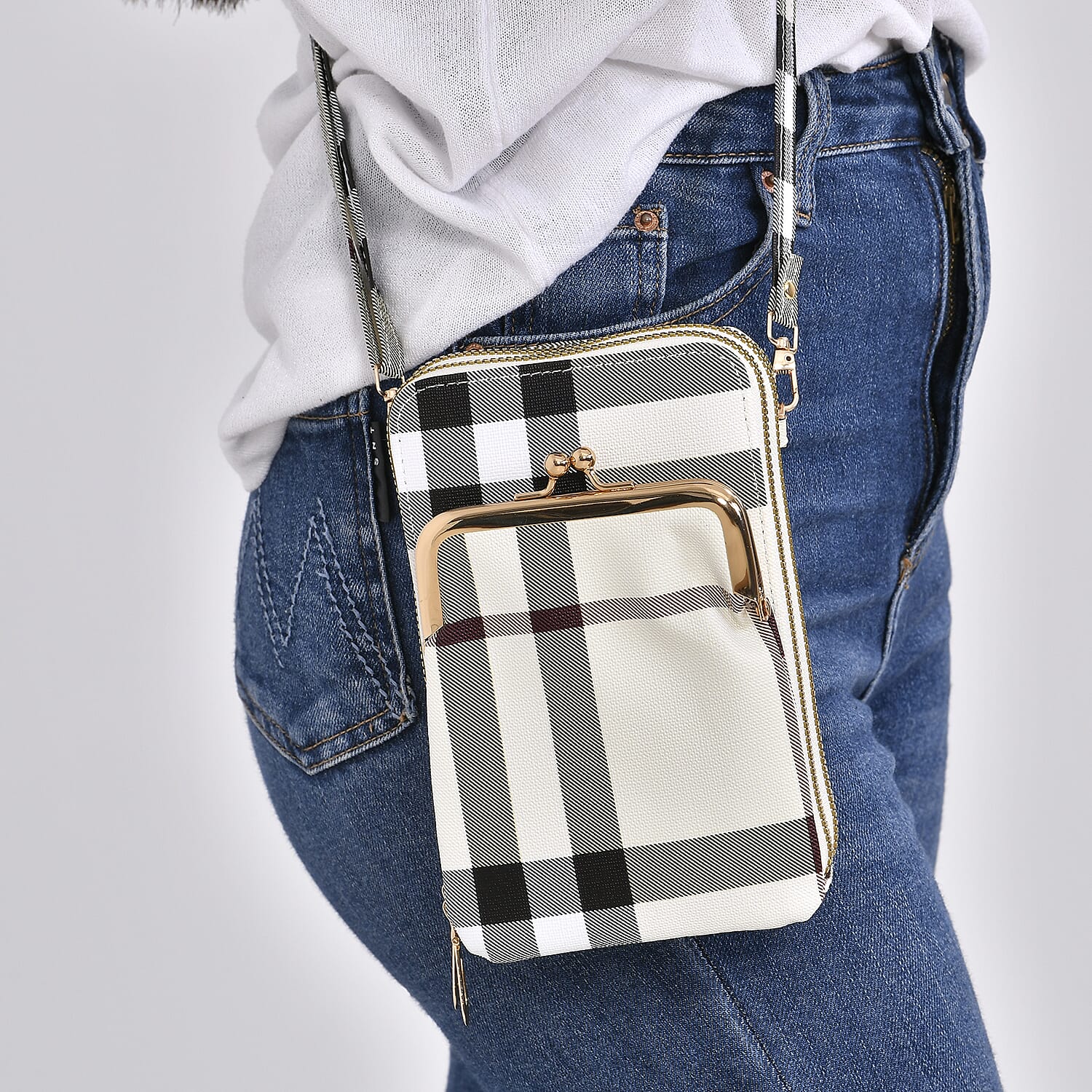 Leatherette Streak Pattern Crossbody Bag with Long Strap (160 cm) - White & Grey