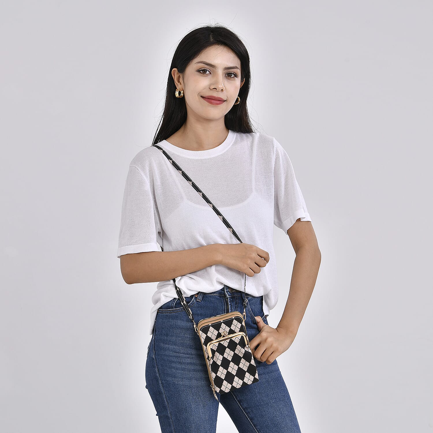 Leatherette Rhombus Pattern Crossbody Bag with Long Strap (160 cm) - Pink