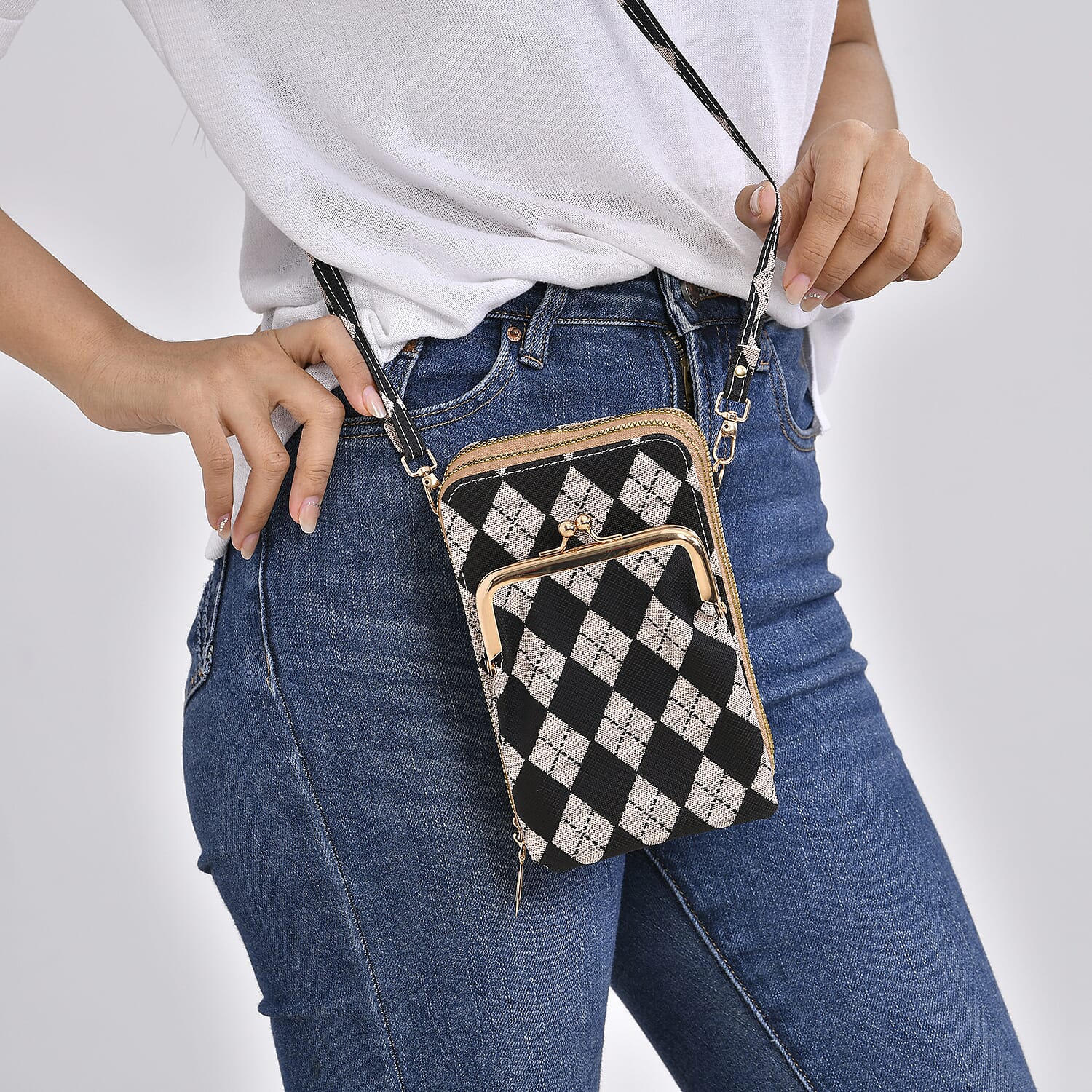 Leatherette Rhombus Pattern Crossbody Bag with Long Strap (160 cm) - Pink