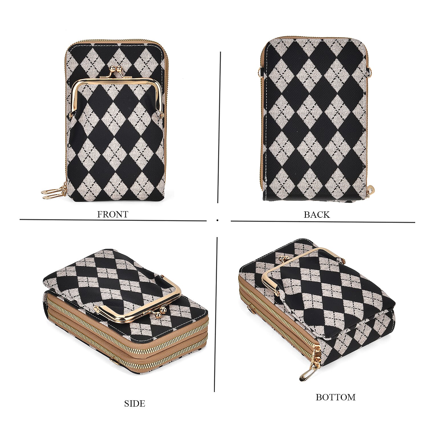 Leatherette Rhombus Pattern Crossbody Bag with Long Strap (160 cm) - Pink