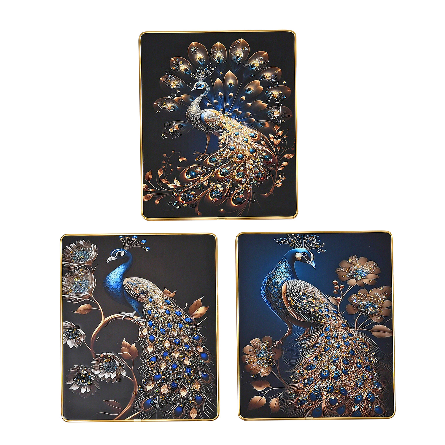 Set of 3 Peacock Crystal Painting with Frame (Size 25x20 cm) - Multi