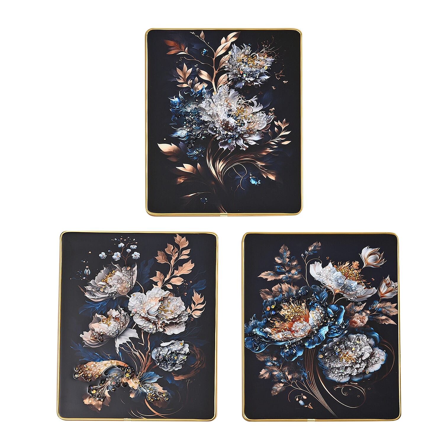 Set of 3 Floral Crystal Painting with Frame (Size 25x20 cm) - Multi