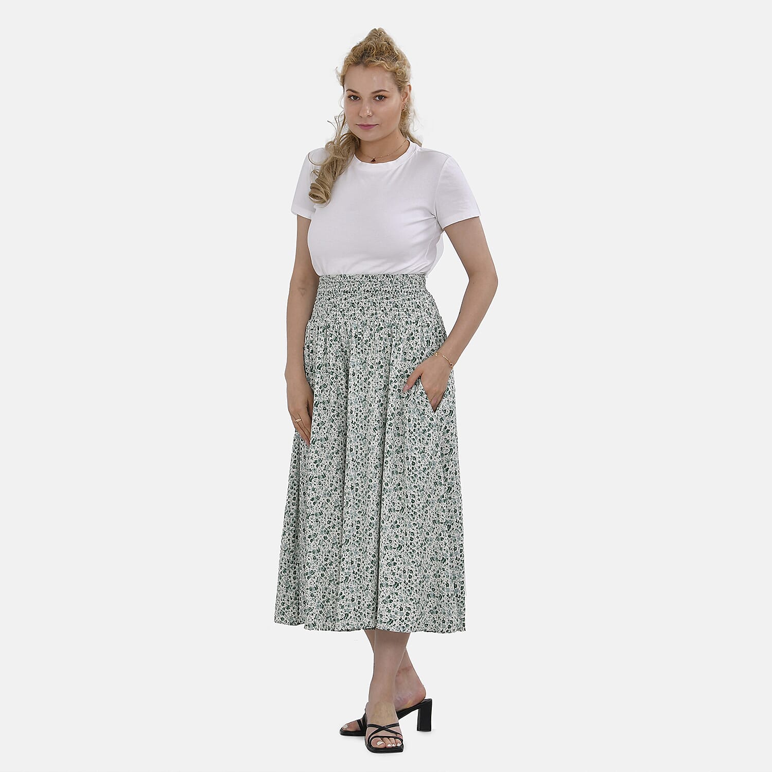 Tamsy 100% Viscose Floral Pattern Smocked Waist Culottes (One Size) - Light Green