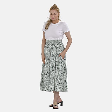 TAMSY 100% Viscose Floral Pattern Smocked Waist Culottes (One Size) - Light Green